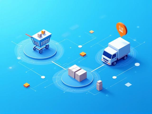 Connected supply chain logistics, showing data flow between ordering, warehousing, and delivery.
